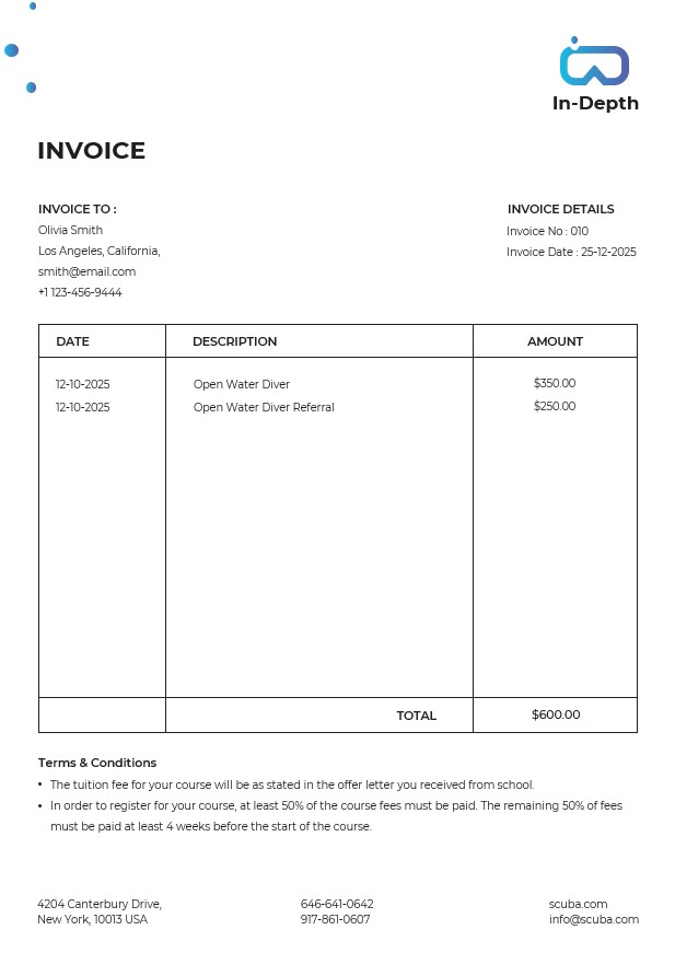 Scuba Diving School Invoice Template PSD template